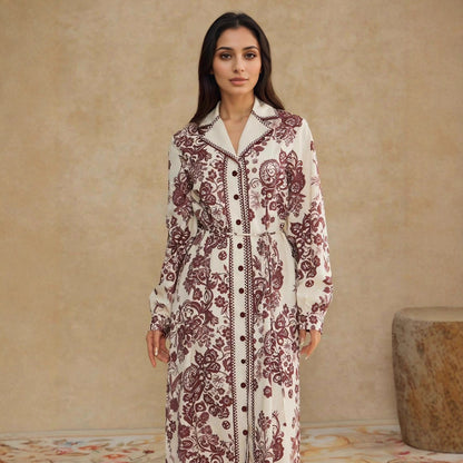 High-Waist Geometric Maxi Dress with Lapel and Button Front