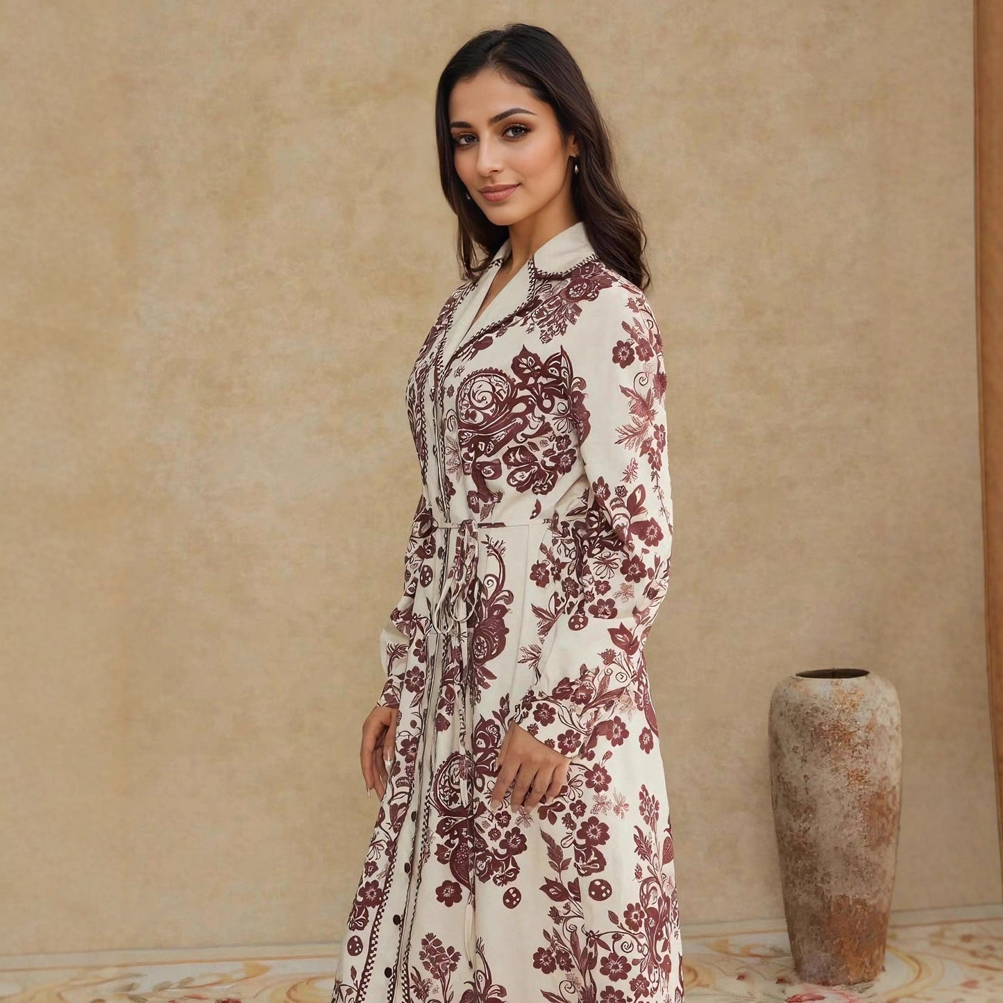 High-Waist Geometric Maxi Dress with Lapel and Button Front