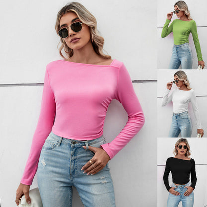 Ribbed Long Sleeve Crop Top with Asymmetrical Neckline
