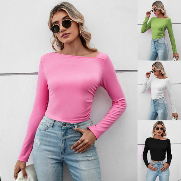 Ribbed Long Sleeve Crop Top with Asymmetrical Neckline