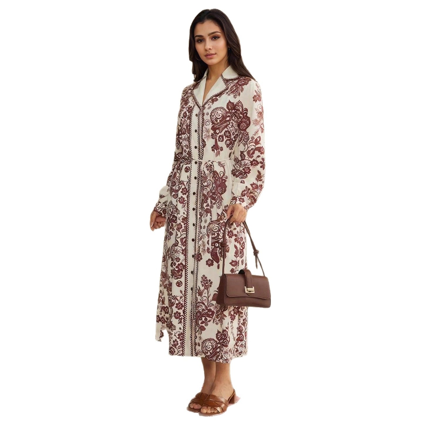 High-Waist Geometric Maxi Dress with Lapel and Button Front