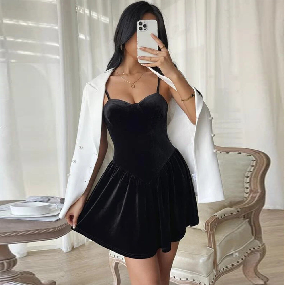 Velvet Fit and Flare Mini Dress with Spaghetti Straps