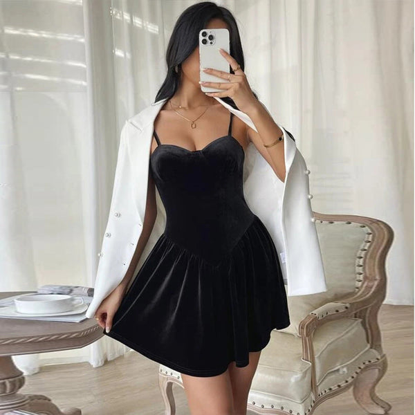 Velvet Fit and Flare Mini Dress with Spaghetti Straps
