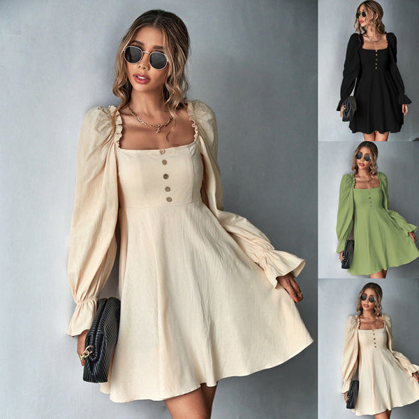 A-Line Knitted Mini Dress with Square Neck and Puff Sleeves
