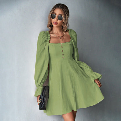 A-Line Knitted Mini Dress with Square Neck and Puff Sleeves