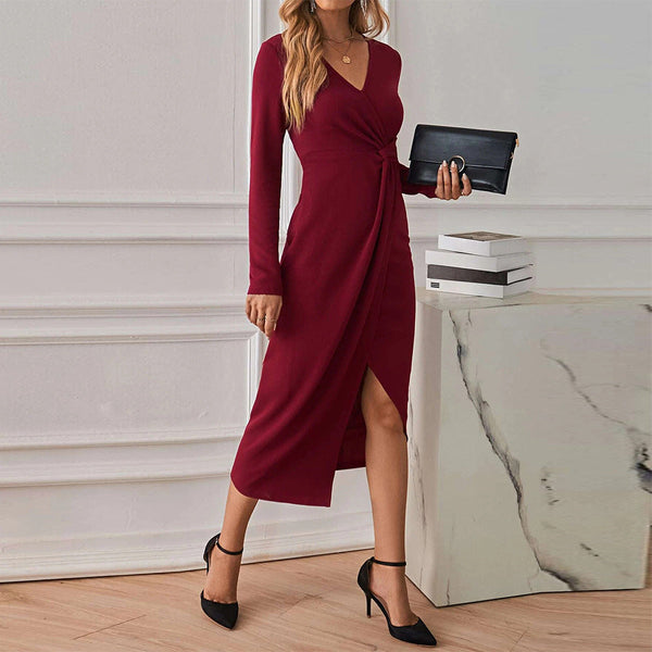 V-Neck Long Sleeve Midi Dress with Front Knot and Slit