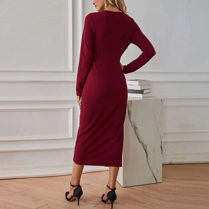 V-Neck Long Sleeve Midi Dress with Front Knot and Slit
