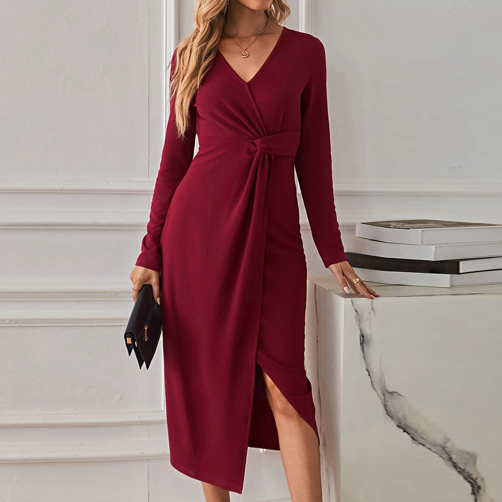 V-Neck Long Sleeve Midi Dress with Front Knot and Slit