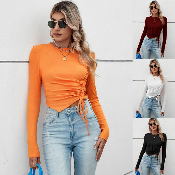 Slim Fit Ribbed Top with Side Ruched Drawstring and Irregular Hem