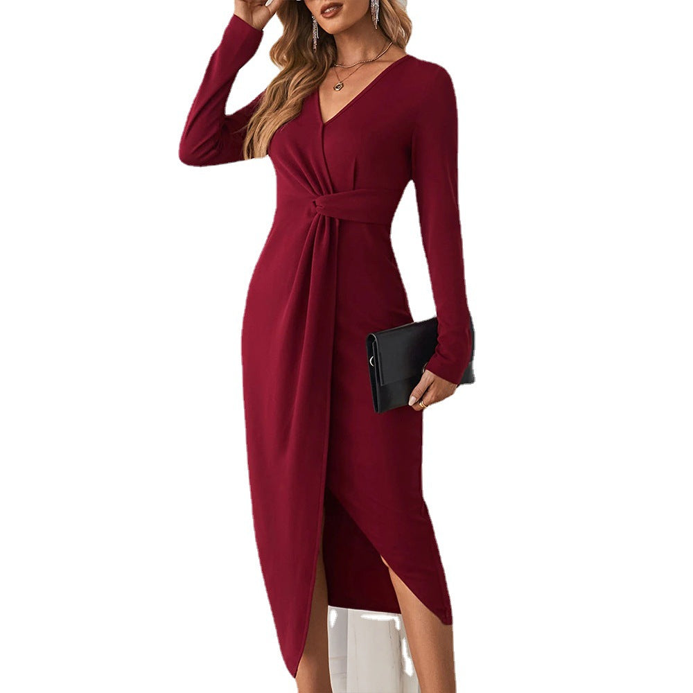 V-Neck Long Sleeve Midi Dress with Front Knot and Slit