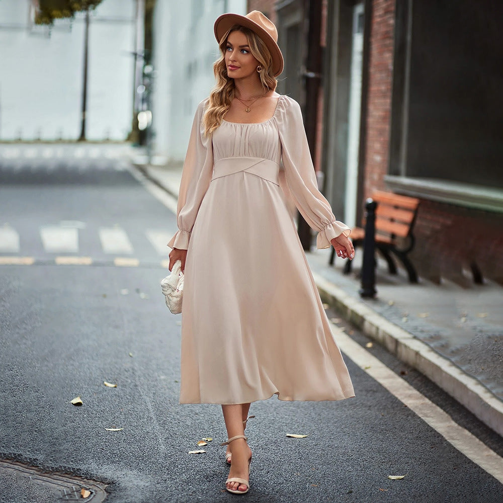 Solid A-Line Midi Dress with Square Neck and Bubble Sleeves
