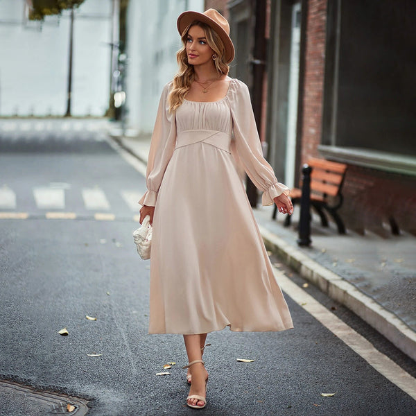 Solid A-Line Midi Dress with Square Neck and Bubble Sleeves