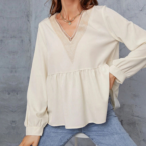 Loose Peplum Blouse with Lace V-Neck and Long Sleeves