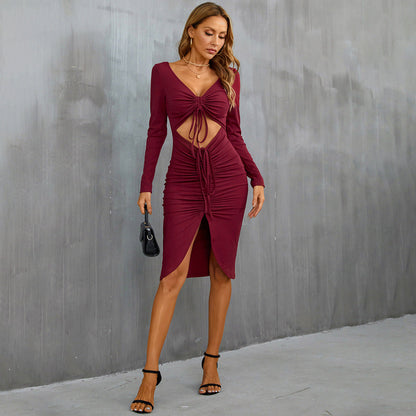Bodycon Midi Dress with Front Cut-out and Drawstring Detail