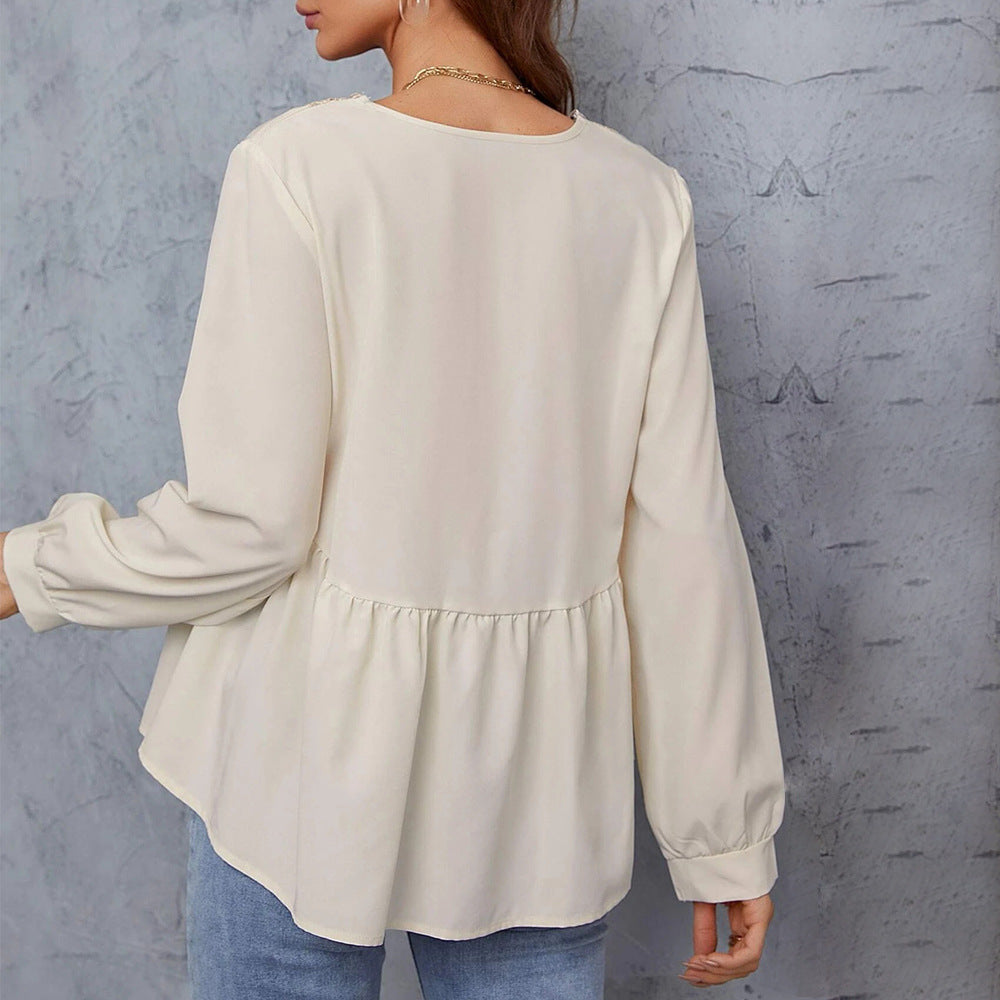 Loose Peplum Blouse with Lace V-Neck and Long Sleeves