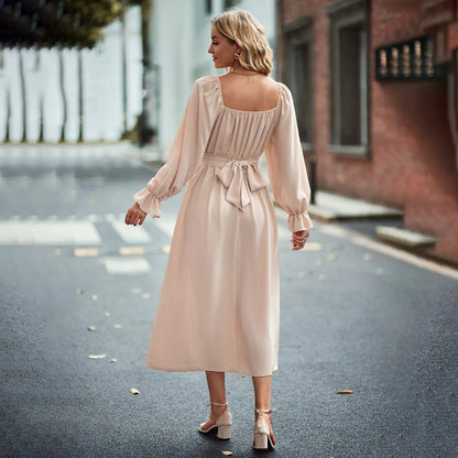 Solid A-Line Midi Dress with Square Neck and Bubble Sleeves
