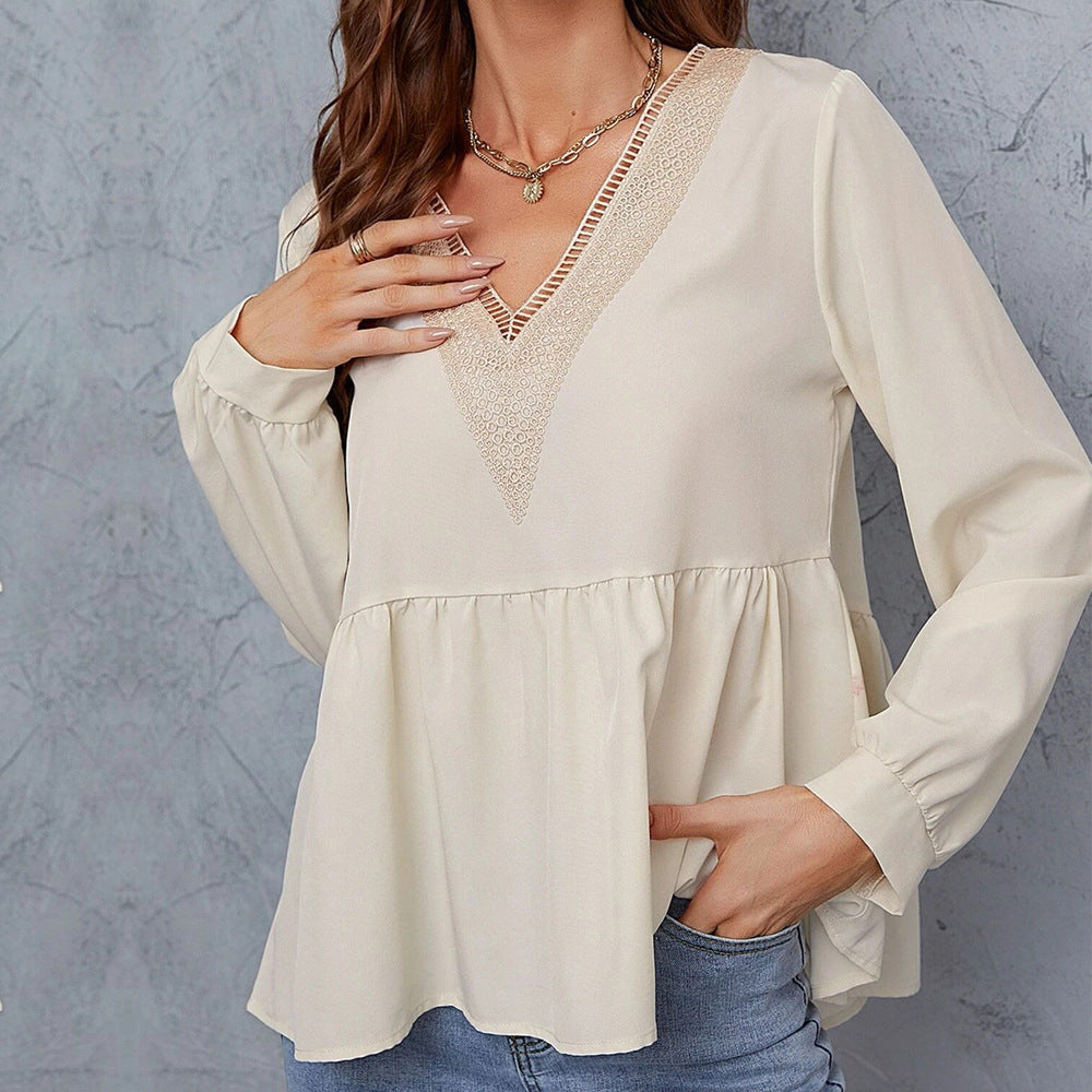 Loose Peplum Blouse with Lace V-Neck and Long Sleeves