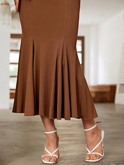 Bodycon Knitted Midi Dress with Mermaid Hem and U-Neck