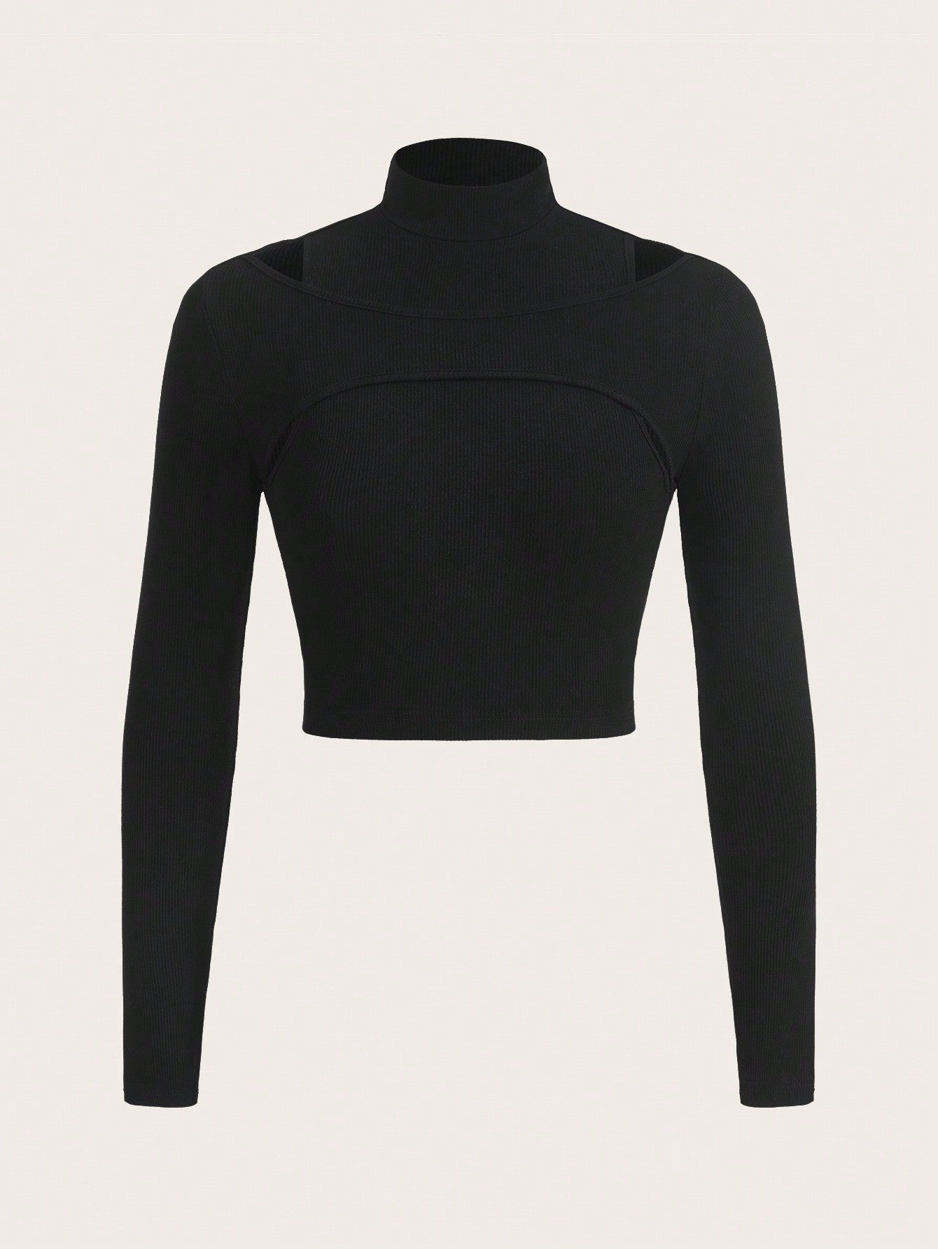 Slim Fit Ribbed Crop Top with Mock Neck and Cut-Out Detail