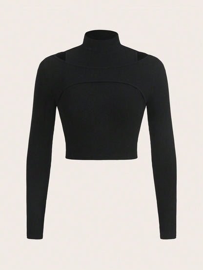 Slim Fit Ribbed Crop Top with Mock Neck and Cut-Out Detail
