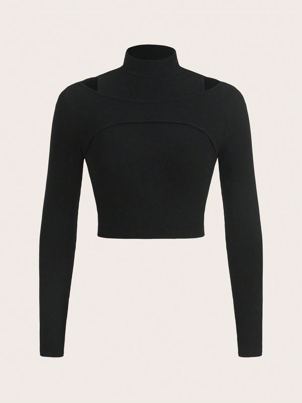 Slim Fit Ribbed Crop Top with Mock Neck and Cut-Out Detail