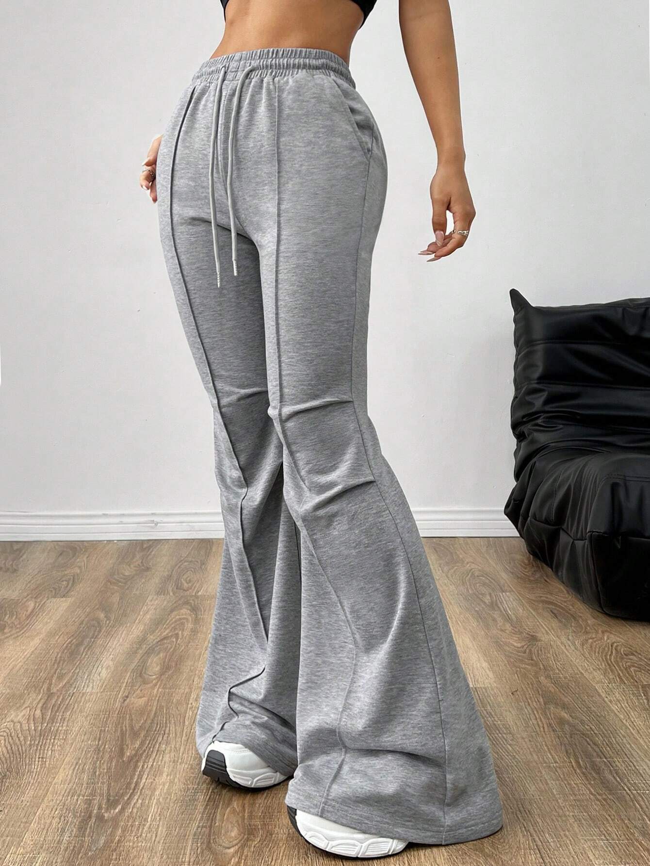 Wide-Leg Bootcut Sweatpants with Drawstring and Pintuck Seams