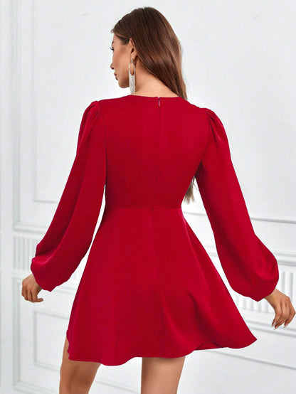 V-Neck A-Line Mini Dress with Tie-Front and Puff Sleeves