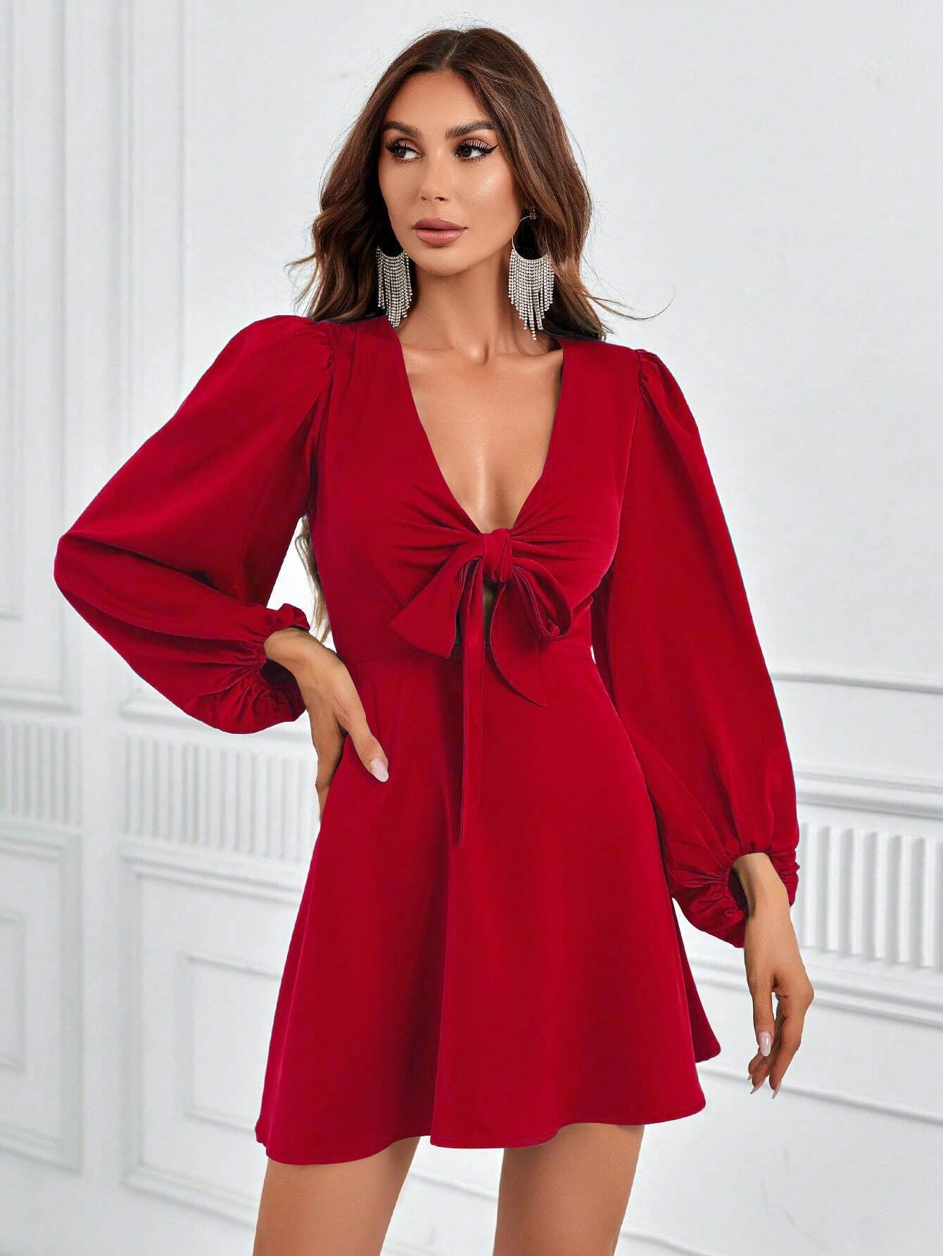 V-Neck A-Line Mini Dress with Tie-Front and Puff Sleeves