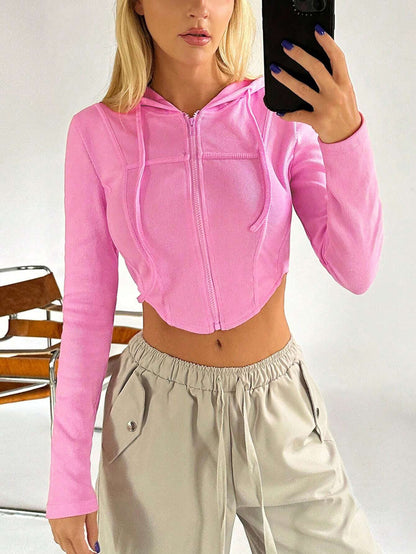 Ribbed Cropped Zip-Up Hoodie with Corset Seams