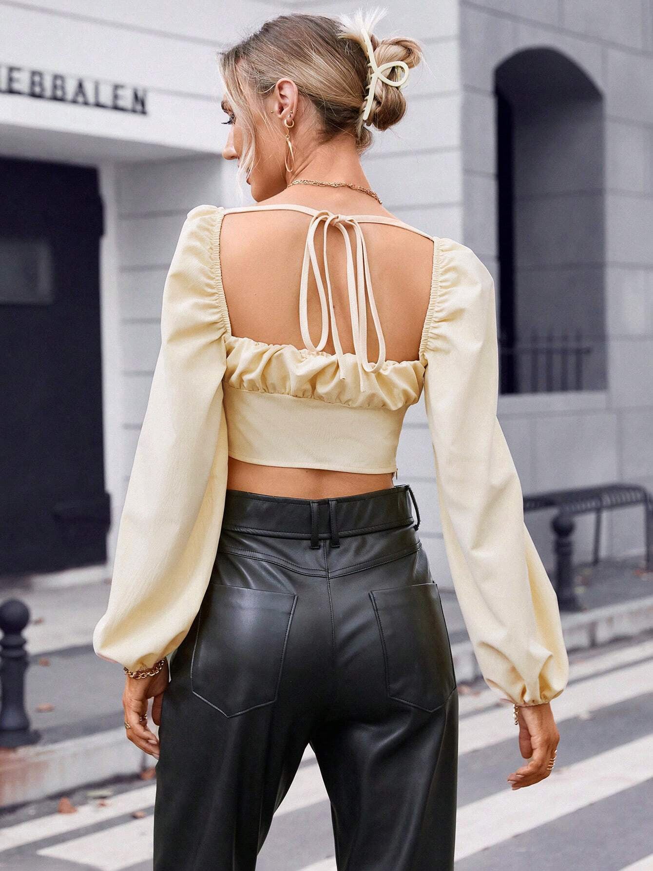 Corset-Style Puff Sleeve Top with Square Neck and Tie Back