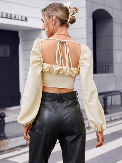 Corset-Style Puff Sleeve Top with Square Neck and Tie Back