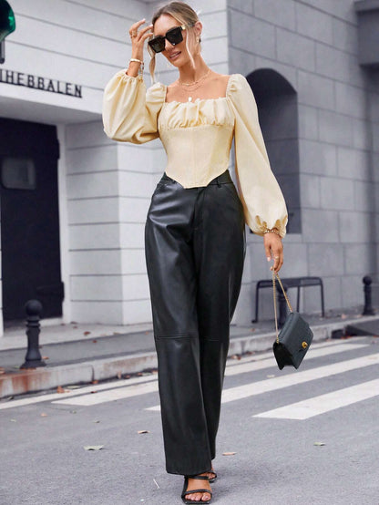 Corset-Style Puff Sleeve Top with Square Neck and Tie Back