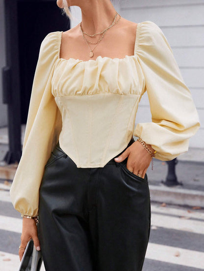 Corset-Style Puff Sleeve Top with Square Neck and Tie Back