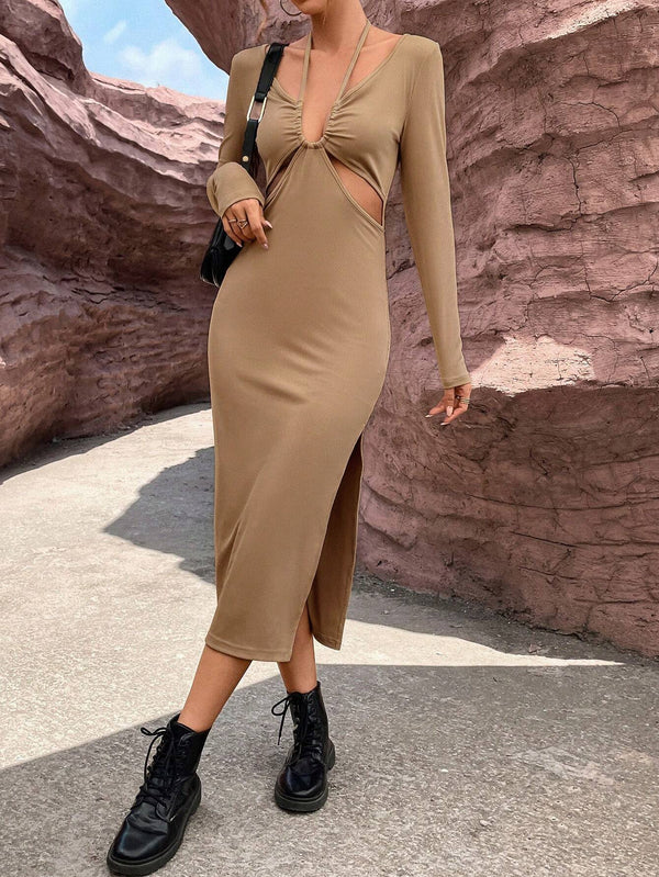 Long Sleeve Bodycon Midi Dress with Halter Neck and Cut-Outs