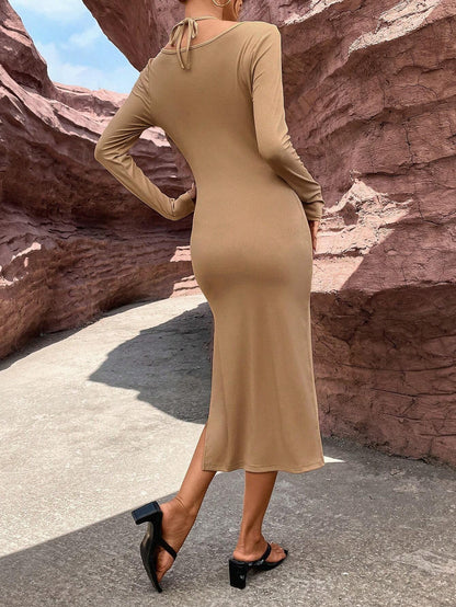 Long Sleeve Bodycon Midi Dress with Halter Neck and Cut-Outs