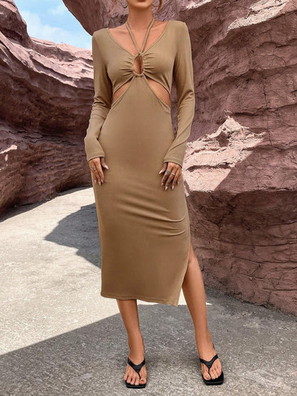 Long Sleeve Bodycon Midi Dress with Halter Neck and Cut-Outs