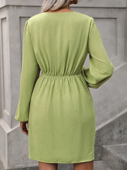 Solid A-Line Mini Dress with V-Neck and Puff Sleeves