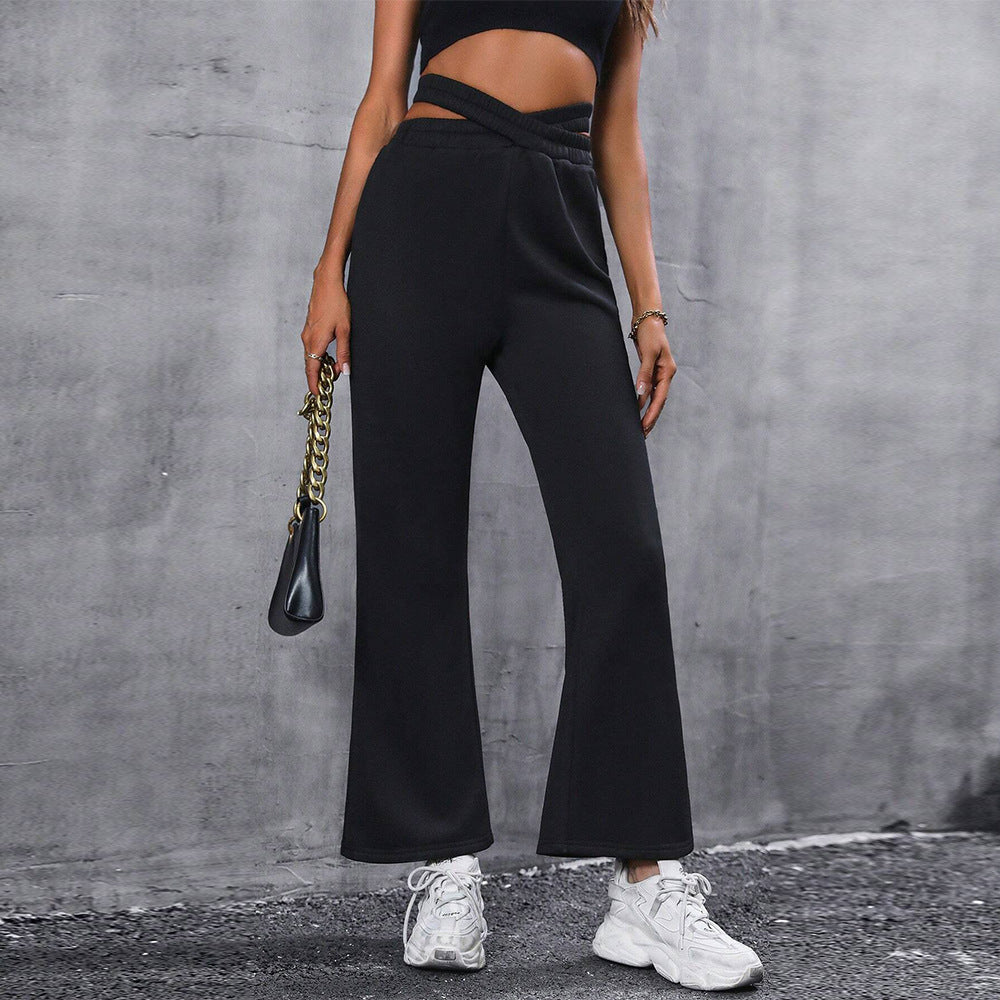 High-Waisted Wide-Leg Pants with Criss-Cross Waist Detail