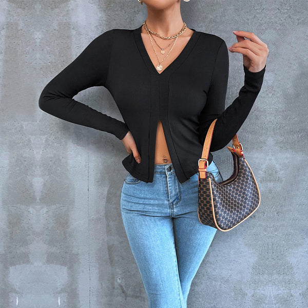 Slim Fit Ribbed Long Sleeve Top with V-Neck and Front Slit
