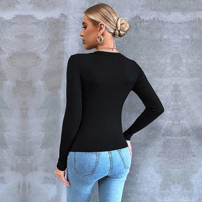 Slim Fit Ribbed Long Sleeve Top with V-Neck and Front Slit