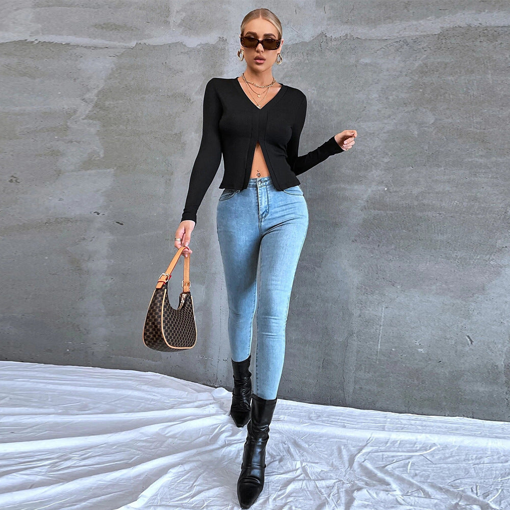 Slim Fit Ribbed Long Sleeve Top with V-Neck and Front Slit