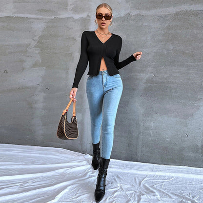 Slim Fit Ribbed Long Sleeve Top with V-Neck and Front Slit
