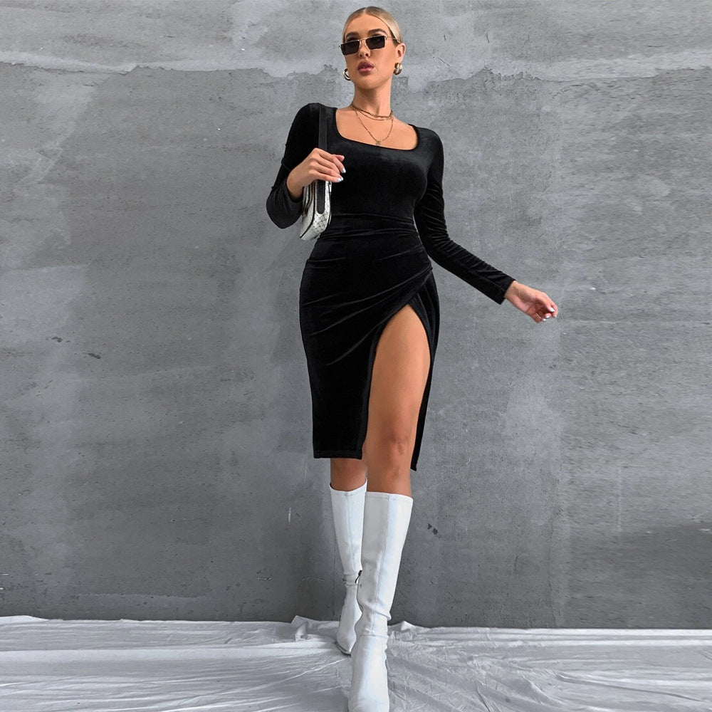 Velvet Bodycon Midi Dress with Square Neck and High Slit