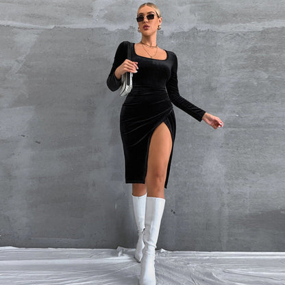 Velvet Bodycon Midi Dress with Square Neck and High Slit