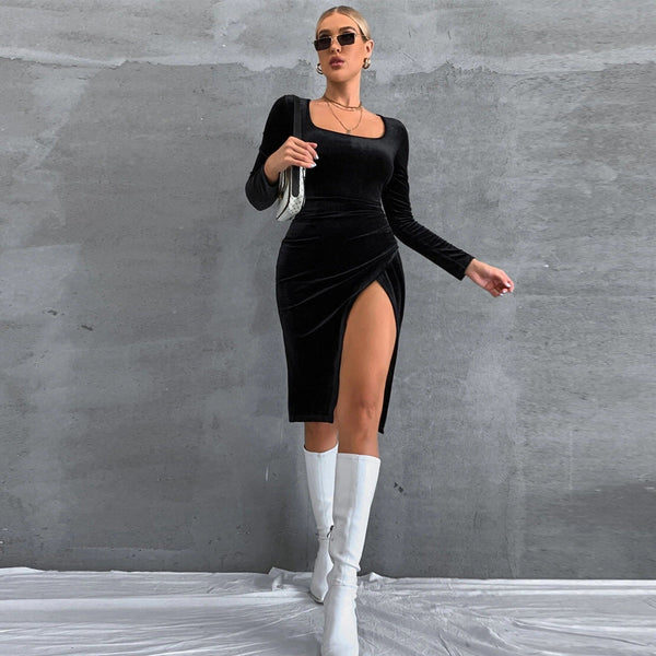 Velvet Bodycon Midi Dress with Square Neck and High Slit