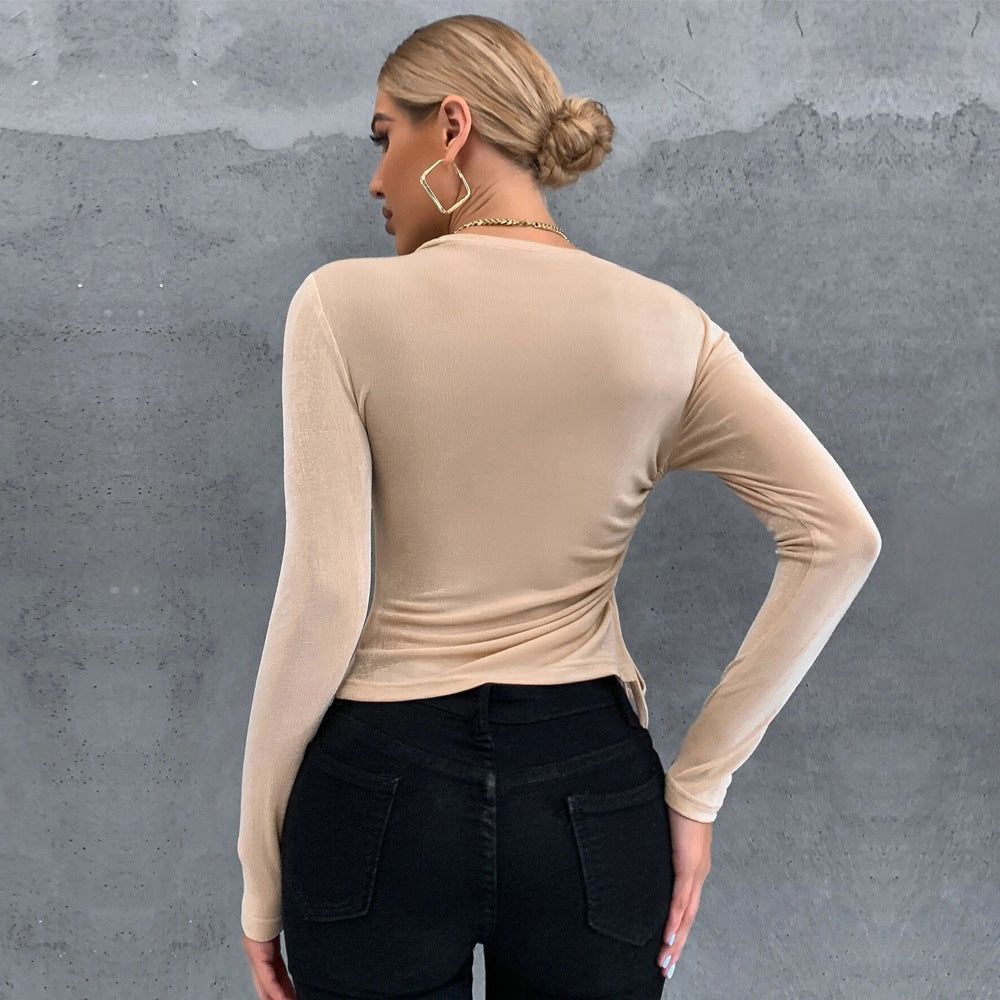 Slim Fit Ruched Long Sleeve Top with Side Drawstring