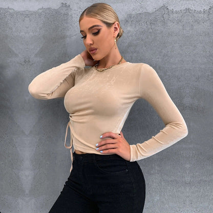 Slim Fit Ruched Long Sleeve Top with Side Drawstring