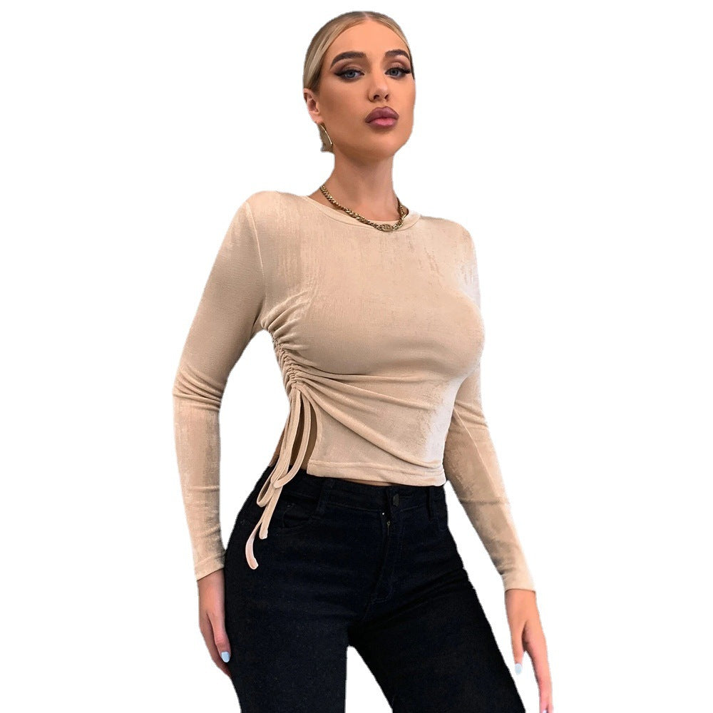 Slim Fit Ruched Long Sleeve Top with Side Drawstring