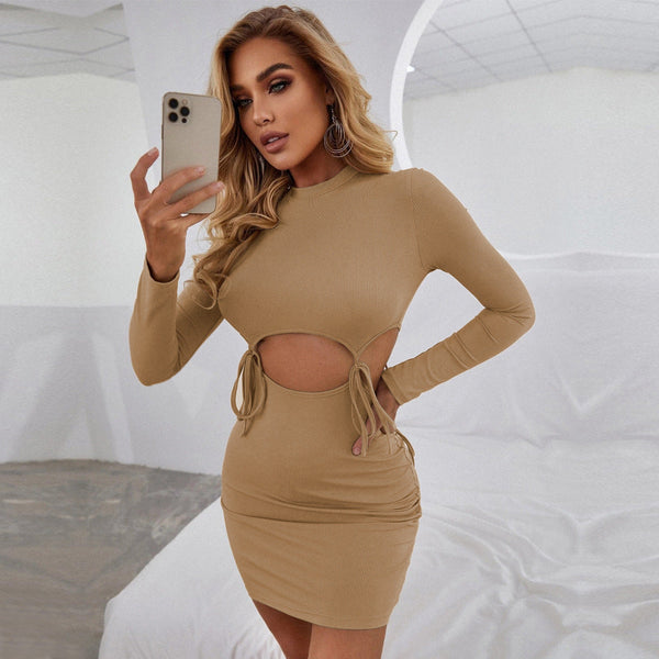 Ribbed Knit Bodycon Mini Dress with Drawstring Cut-Outs
