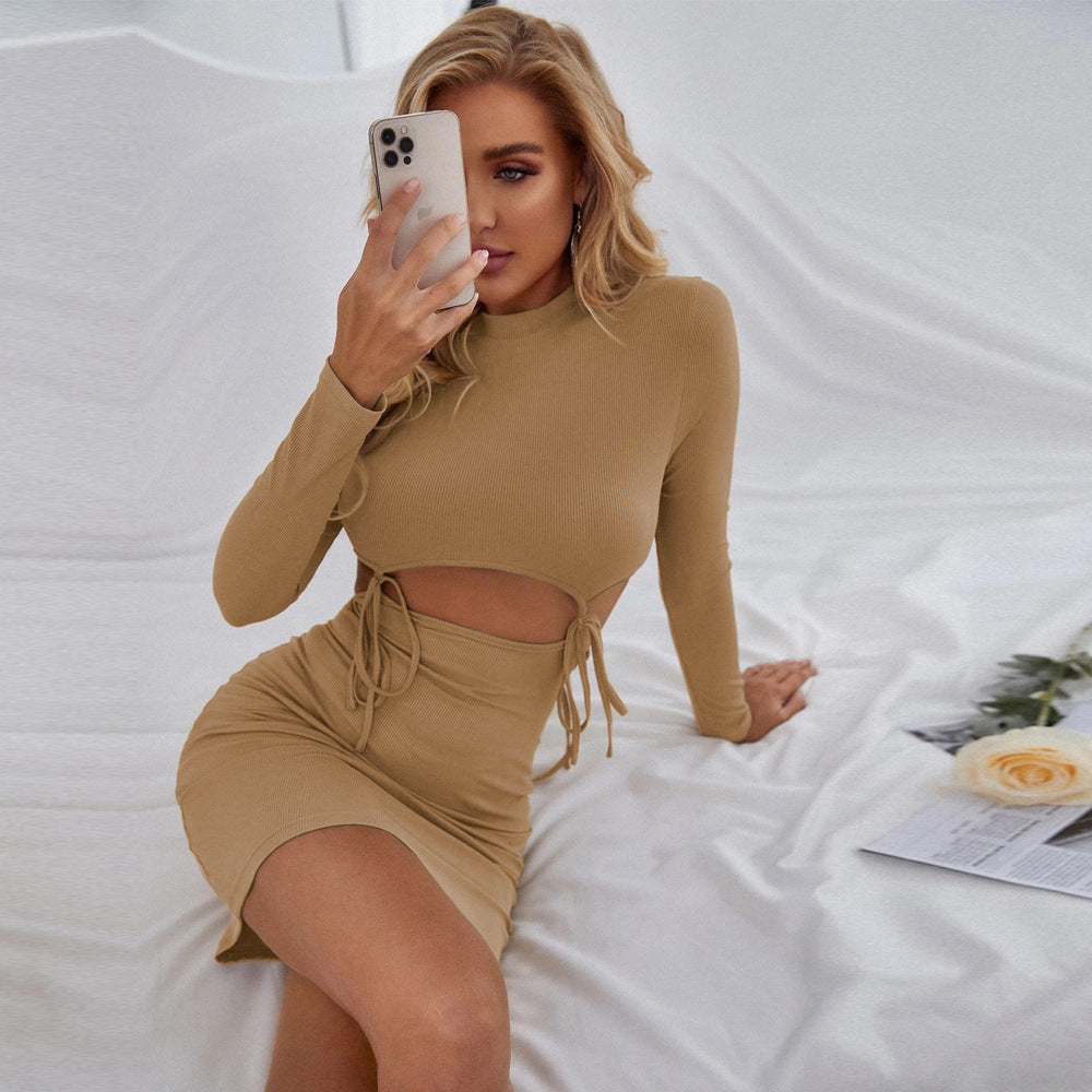 Ribbed Knit Bodycon Mini Dress with Drawstring Cut-Outs